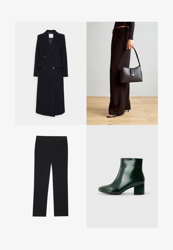 Samsøe Samsøe Klassischer Mantel - black; Schwarzer Pullover mit langen Ärmeln, rundem Ausschnitt und cropped Länge. Verfügt über aufwendige silberne Blumenstickerei auf der linken Seite.; Schwarze Hose mit geradem Schnitt, ausgestattet mit seitlichen Taschen und einer glatten Stofftextur. Minimale Details, sauberen Bund.; Grüne Lackleder-Stiefeletten mit runder Zehenpartie und Blockabsatz. Glatte Oberfläche mit glänzendem Finish, das ein modernes Design zur Schau stellt.; Schwarze Handtasche mit strukturierter Form, glatter Textur und einem metallischen Verschluss. Kombiniert mit weiten schwarzen Hosen und offenen Sandalen auf einem Holzboden.