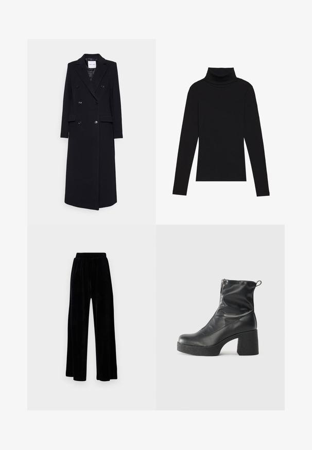 Samsøe Samsøe Klasikinis paltas - black; Juoda turtleneko ilgo rankovės viršutinė dalis, pagaminta iš raukšlėtos medžiagos, turi prigludusią formą, aukštą apykaklę ir neturi jokių raštų ar akcentų.; Juoda plataus kirpimo kelnių pora, pagaminta iš minkštos velveto medžiagos, su elastingu juosmeniu ir glotnia tekstūra, be matomų detalių ar raštų.; Juodos kulkšninių botai, pagaminti iš lygaus odos, su šoniniu užtrauktuku, masyviu tekstūruotu kulnu ir apvaliu pirštu.