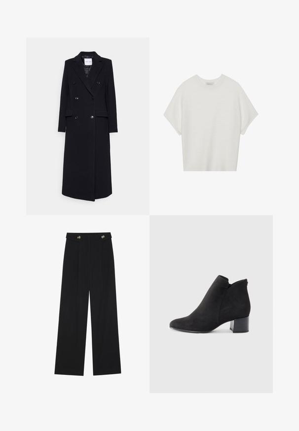 Samsøe Samsøe Klasisks mētelis - black; Balta īsā piedurknē T-krekls ar plašu apļa kaklu un teksturētu ribu rakstu, izgatavots no mīksta auduma, ar brīvu piegriezumu un tīru dizainu.; Melnas platās bikses ar augstu jostasvietu, pogu detaļām uz jostas un priekšējām krokām.; Melni zamšas potīšu zābaki ar ievelkamām pirkstiem, zemu bloku papēdi un izgriezumu potītes zonā, radot modernu izskatu.