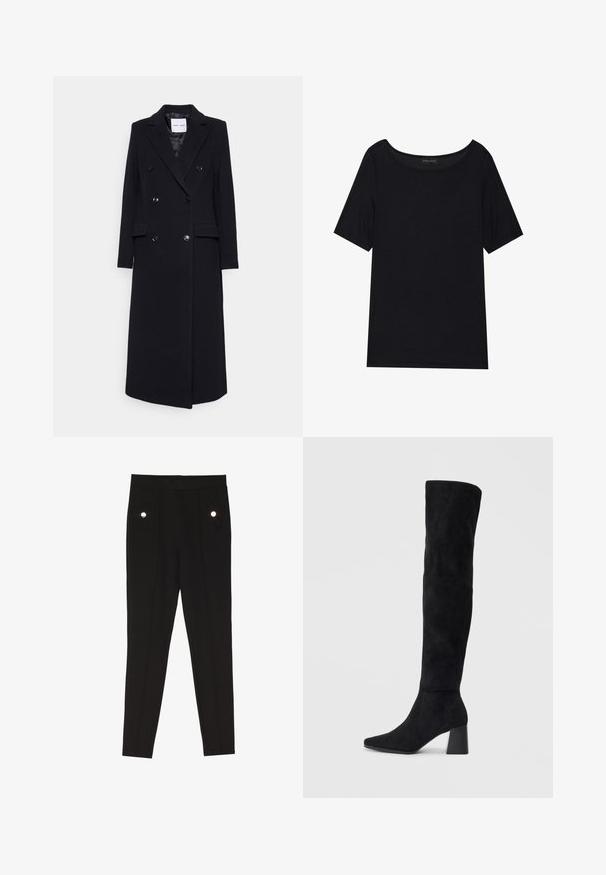 Samsøe Samsøe Klasický kabát - black; Černé tričko s krátkým rukávem a širokým výstřihem. Vyrobeno z měkké, lehké tkaniny. Jednoduchý design bez vzorů nebo doplňků.; Černé kalhoty na míru s hladkým povrchem, které disponují dvěma předními kapsami se zdobnými kovovými detaily a slim-fit střihem.; Černé semišové vysoké boty s blokovým podpatkem, špičatou špičkou a hladkým, bezšvovým designem na jednoduchém světlém pozadí.