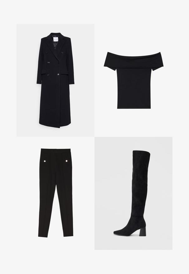 Samsøe Samsøe Klassischer Mantel - black; Schwarzes Off-Shoulder-Top aus weichem Stretchmaterial. Mit kurzen Ärmeln und figurnaher Silhouette. Schlichtes, nahtloses Design.; Schwarze maßgeschneiderte Hosen mit einer glatten Textur, ausgestattet mit zwei vorderen Taschen mit dekorativen Hardware-Akzenten und einem Slim-Fit-Design.; Schwarze Wildleder-Stiefel bis zum Knie mit Blockabsatz, spitzer Zehe und glattem, nahtlosem Design auf einem schlichten, hellen Hintergrund.