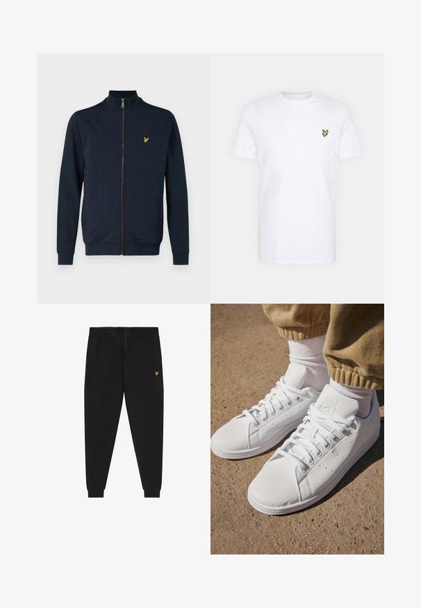 Lyle & Scott HYBRID TRACK JACKET - Summer jacket - dark navy; White cotton T-shirt featuring a small black and yellow embroidered logo on the left chest. Short sleeves and a crew neckline.; Black jogger pants with elastic waistband and drawstring, tapered legs with cuffs, and small yellow embroidered logo on right thigh.; White leather sneakers with a smooth surface, featuring a classic lace-up design, perforations for breathability, and a textured rubber outsole.