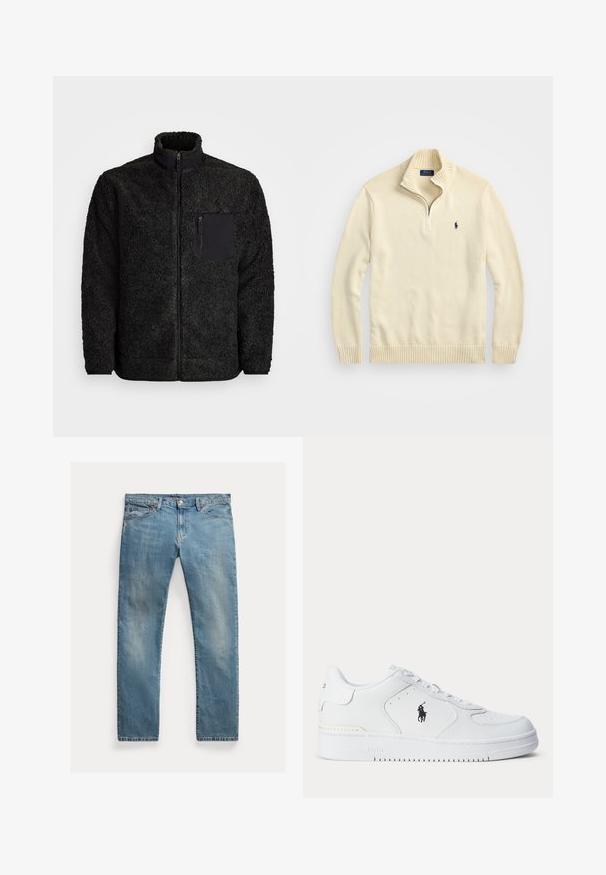 Juodas fliso džemperis su aukštu apykakle, užtrauktuku priekyje ir krūtinės kišenė, kuri turi tvirtą juodą medžiagos akcentą. Minkšta, tekstūruota išorė.; Kremo spalvos užtrauktukas megztinis, pagamintas iš mezginio audinio, su pūstu apykakle ir apdaila, bei mažuoju tamsiai mėlynu siuvinėtu logotipu ant krūtinės.; Šviesiai mėlynos džinsinės kelnės su tiesia kirpimu, mygtukų užsegimu, penkiais kišenėmis, švelnia nublukimu ir siūlų akcentais.; Balti sportiniai batai su tekstūruota odine viršutine dalimi, apvalia nosimi, plokščia raištelių sistema ir juodu logotipu šone. Guminis padas su sukibimo raštu.