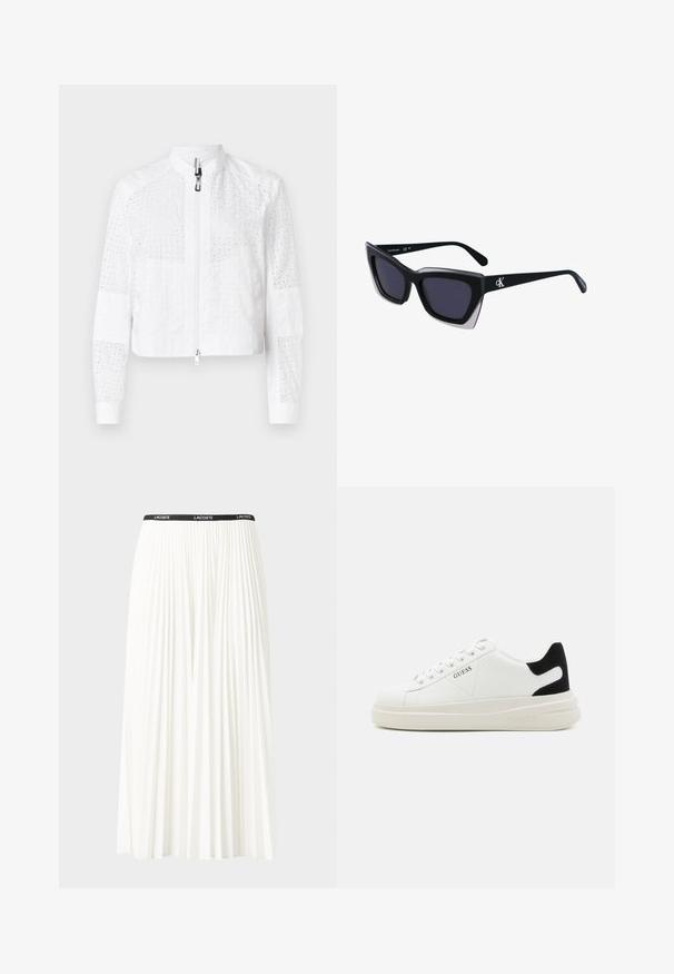 Marc Cain Bomberjacke - white; Baumwoll-T-Shirt mit horizontalen navy-blauen Streifen auf weißem Hintergrund. "Tommy Hilfiger" in Kursivschrift auf der Brust gestickt. Runder Halsausschnitt.; Faltenrock aus Weiß mit einem schwarzen elastischen Bund, der das "LACOSTE"-Logo trägt. Mittellanges Design mit weicher Textur.; Weiße Leder-Sneaker mit einer dicken weißen Sohle, schwarzem Wildlederakzent an der Ferse und geprägtem Logo an der Seite. Schnürdesign mit sechs Ösen.; Schwarze übergroße Sonnenbrille mit geometrischer Form, ausgestattet mit dunklen Gläsern und einem kontrastierenden grauen Detail im Rahmen. Logo am Bügel.