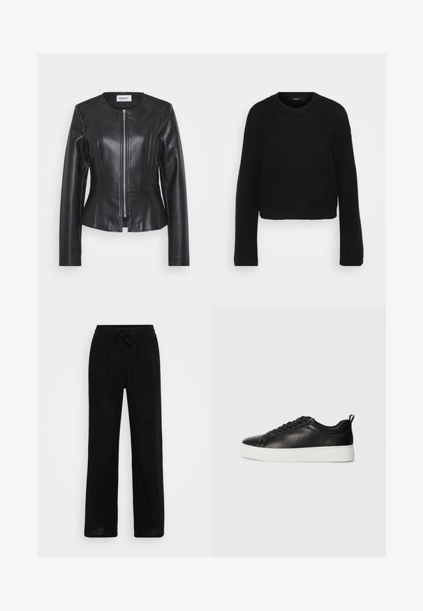 Black leather jacket with a fitted design, high neckline, and long sleeves. Features a front zipper and seam detailing. Peplum waist accent.; Black knitted sweater with a crew neckline and long sleeves. Features a textured pattern and a cropped design.; Black linen wide-leg pants with an elastic waistband and drawstring. Smooth texture, breathable fabric, and full-length design.; Black low-top leather sneaker with black laces and white thick rubber sole, viewed from the outer side on a white background.