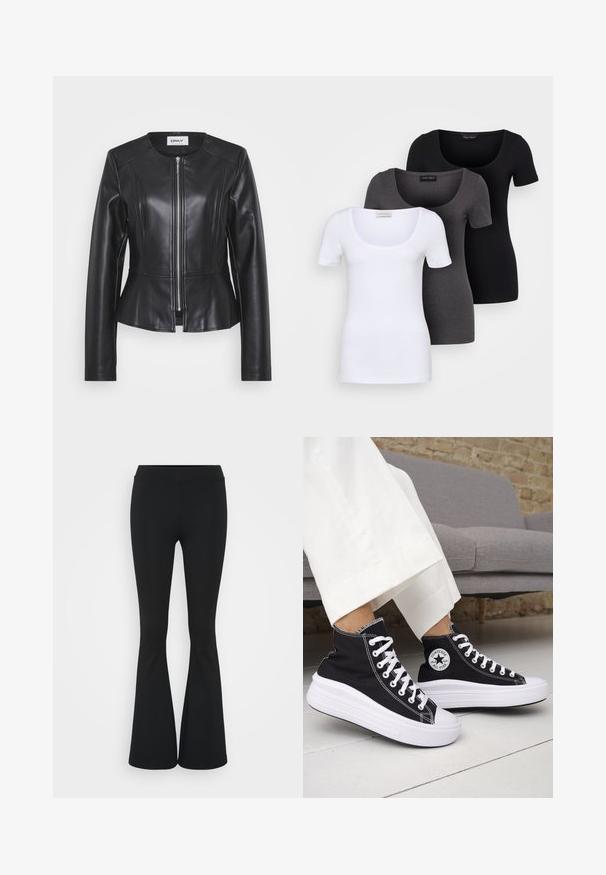Svart skinnjakke med et tettsittende design, høyt liv og lange ermer. Har en glidelås foran og sømdetaljer. Peplum midjeakkent.; Tre figurerte T-skjorter i hvit, grå og svart. Hver har en bred scoop-nakke og korte ermer. Laget av glatt, elastisk stoff.; Svarte flared bukser laget av elastisk stoff, med høy midje og en glatt tekstur. Buksene vidder ut fra kneet.; Svarte høye sneakers med hvite gummisåler og lisser. Har et rundt logo-merke og kontrasterende hvite sømmer. Laget av lerret.