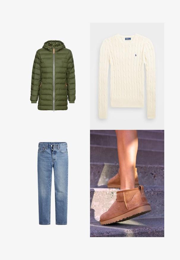 Olijfgroene pufferjack met capuchon, volledige rits, zijzakken, geribbelde manchetten en een quiltontwerp.; Crème kabelbreiselsweater met lange mouwen, geribbelde manchetten en zoom, met een klein geborduurd logo op de linkerkant van de borst.; Lichtblauwe spijkerbroek met een rechte snit, vijf zakken en een knoopsluiting. Heeft subtiele vervaging en oranje stikselaccenten.; Tamme suède enkelboots met een zachte textuur, gestikte details en een rubberen zool, met een lusvormige hak voor gemakkelijk aan- en uittrekken.