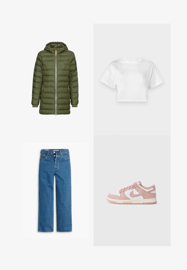 Olive green puffer jacket with a hood, full zipper, side pockets, ribbed cuffs, and a quilted design pattern.; White cropped t-shirt made of cotton. Short sleeves, round neckline, smooth texture, casual design without patterns or embellishments.; Blue denim straight-leg jeans with a high waist, five-pocket design, and button fly. Noticeable stitching and copper-tone rivets.; Sneaker features a soft pink suede upper, white leather panels, and a textured rubber sole. Notable swoosh logo on sides, laced design.