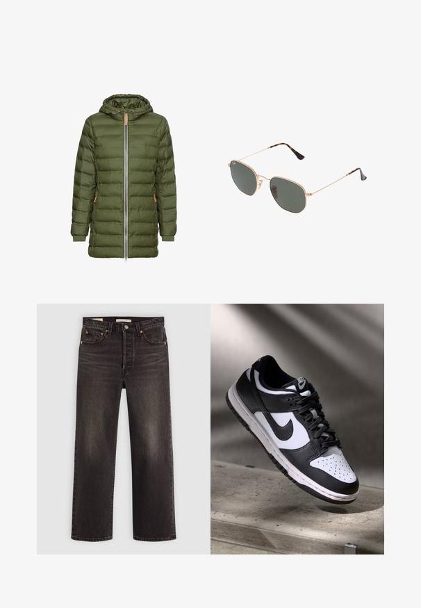 Olivgrüne Pufferjacke mit Kapuze, durchgehendem Reißverschluss, Seitentaschen, gerippten Bündchen und einem gesteppten Designmuster.; Weißes Langarmoberteil mit weitem Ausschnitt, seitlichen Schlitzen und einem glatten, leichten Stoff, das ein einfaches, minimalistisches Design aufweist.; Schwarze Jeans aus Denim mit geradem Bein. Verfügt über kupferne Nieten und Taschen. Glatte Textur und leicht verwaschene Optik.; Schwarz-weißer Nike Dunk Low Sneaker mit Lederobermaterial, perforiertem Zehenbereich und schwarzen Schnürsenkeln, ausgestattet mit einer weißen Sohle und Logo-Akzenten.; Goldfarbene Metallrahmen-Sonnenbrillen mit dunkelgrünen Gläsern im Pilotenstil, mit schlanken Bügeln und Schildpatt-Akzenten an den Spitzen.; Braune Wildleder-Hobo-Tasche mit einem glatten Lederboden, geschwungener Form, goldfarbener Hardware und einem zentralen Riemenakzent mit Logodetail.