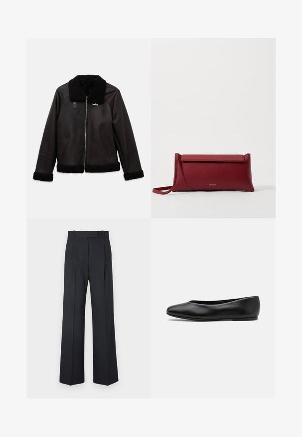 Jachetă din piele sintetică neagră cu guler și manșete din blană artificială. Are un fermoar frontal și buzunare laterale. Textură netedă cu un design minimalist.; Cardigan alb cu detalii negre, având modele brodate colorate cu cai, premii și figurine. Designul include cizme, stele și potcoave.; Tricou din bumbac cu mânecă scurtă, cu guler rotund, având dungi verticale negre pe un fundal alb și un design cu croială dreaptă.; Pantaloni în dungi de culoare albastru închis, cu talie înaltă, design cu broek larghi și fără hardware sau embellishments vizibile. Textură netedă și croi adaptat.; Paul Smith TOPANGA - Balerini - black; Geantă de mână roșie din piele cu o textură rafinată, având un capac plat pliat și o curea scurtă. Logo-ul subtil al mărcii pe față.