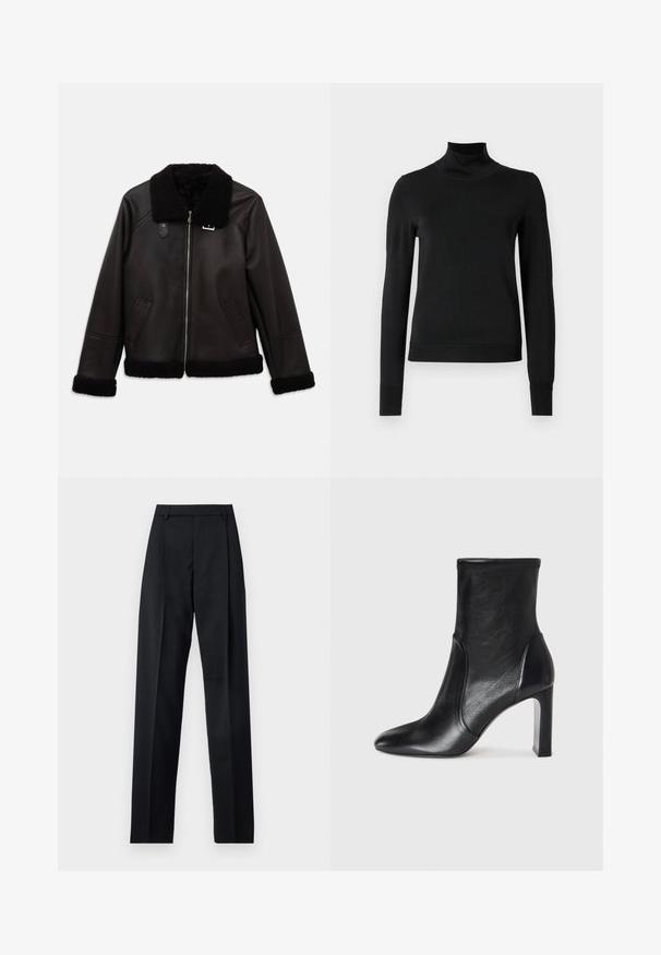 Jaqueta de couro preta com colarinho e punhos em pelúcia sintética. Apresenta um fecho frontal e bolsos laterais. Textura suave com design minimalista.; Sweater preto de manga longa com gola alta, com punhos e bainha canelados, exposto em um fundo branco liso.; Calças pretas feitas de um tecido suave, com uma cintura alta, pernas largas, pregas frontais e passadores de cinto clássicos. Não há bolsos laterais visíveis.; Bota de tornozelo em couro preto com um design elegante, bico pontudo e um alto salto bloco. Apresenta uma textura suave e um detalhe de costura minimalista.