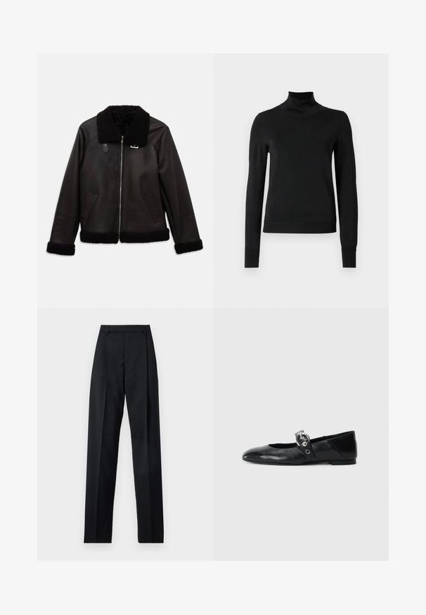 Črna usnjena jakna z umetnim ovčjim krznom na ovratniku in manšeta. Ima sprednji zadrgo in stranske žepe. Gladka tekstura z minimalističnim oblikovanjem.; Črni pulover s dolgimi rokavi in vratnikom, z rebrastimi манжетами in robom, prikazan na enobarvni beli podlagi.; Črne hlače iz gladkega materiala, ki imajo visok pas, široke noge, sprednje nabore in klasične zanke za pas. Nevidni stranski žepi.; Črne usnjene baletne balerinke s koničastim nosom, ki imajo trak z okroglo kovinsko zaponko in ravno podplat.