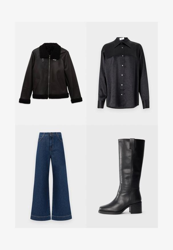 Schwarze Lederjacke mit einem Kragen und Manschetten aus Kunstfell. Sie hat einen Frontreißverschluss und seitliche Taschen. Glatte Textur mit minimalistischem Design.; Schwarzes Langarmhemd mit kragenförmigem Halsausschnitt, mit einem zerknitterten Textur, voller Knopfleiste und Manschetten. Hergestellt aus einem glatten Stoff.; Weite blaue Jeans aus Denim mit hoher Taille, ausgestattet mit einem Knopfverschluss, Gürtelschlaufen und dezenten Stichdetails an den Taschen und Säumen.; Schwarze Lederstiefel bis zum Knie mit glatter Oberfläche, quadratischer Spitze, Blockabsatz und seitlichem Zugband, mit minimalistischen Nähdetails.