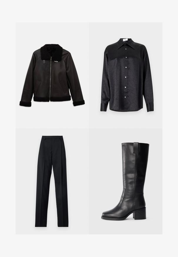 Mustmust nahkjakker, faux shearling kaela ja mansettidega. Omab eesmist tõmblukk ja küljetaskuid. Sile tekstuur minimalistliku kujundusega.; Musta pikemate varrukatega särk, millel on krae ja kortsus tekstuur, täispikk nööpidega eesmine osa ja varrukate mansetid. Valmistatud siledast kangast.; Mustad püksid siledast kangast, millel on kõrge vöökoht, laiad jalad, esimesed kortsud ja klassikalised vööloopid. Küljepockets pole nähtavad.; Musthave mustad nahktoodete bikiinibootid, millel on sile pind, ruudukujuline varvas, plokk-kand ja külgmine tõmbeaas, minimaalse õmblusega detailid.