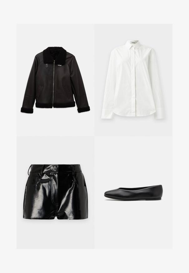 Sort læderjakke med kunstskindskrage og manchetter. Har en frontlynlås og sidelommer. Glat tekstur med minimalistisk design.; Hvid bomulds langærmet skjorte med spidse krave, knaplukning foran og rundet kant. Glat tekstur, normal pasform og ingen mønstre.; Sorte, blanke shorts lavet af syntetisk materiale. Har en tætsiddende talje, bælteslaufer og forlommer med fremtrædende stikninger.; Paul Smith TOPANGA - Ballerinasko - black