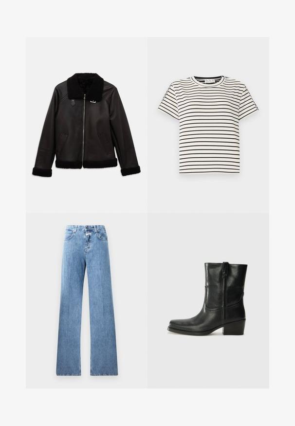 Musta nahkatakki, jossa on tekoturkiskaulus ja -hihansuut. Varustettu edessä vetoketjulla ja sivutaskuilla. Sileä pinta ja minimalistinen muotoilu.; Lyhythihainen puuvillapaita, jossa on pyöreä pääntie, mustia pystysuoria raitoja valkoisella taustalla ja suora leikkaus.; Vaaleansiniset farkut, joissa on leveä lahje, viisi taskua, vyölenkit ja nappikiinnitys. Kankaan pinta on sileä.; Musta nahkasaapas nilkkamittaisella varrella, pyöreällä kärjellä, lohkarekorolla, sivuvetoketjulla ja ompeluaksentilla varren yläosassa. Suora pinta, klassinen muotoilu.