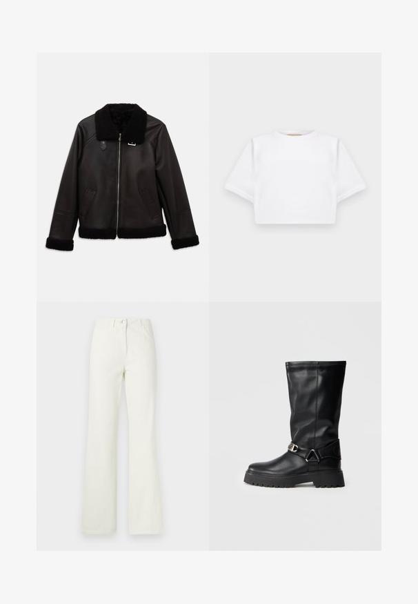 Crna kožna jakna s umjetnim ovčjim krznom na ovratniku i manžetama. Ima prednji zip i bočne džepove. Glatka tekstura s minimalističkim dizajnom.; Skraćena bijela majica od mekog materijala, s kratkim rukavima, okruglim izrezom i rebrastim detaljima na rubu. Jednostavan i neukrašen dizajn.; Bijele trapez hlače s pet džepova, zatvaranjem na prednje kopčanje i petljama za remen, izrađene od glatkog pamučnog mješavinskog materijala.; Crne čizme do koljena napravljene od glatke kože, s akcentom kopče sa strane i debelim, teksturiranim đonom za bolju trakciju.