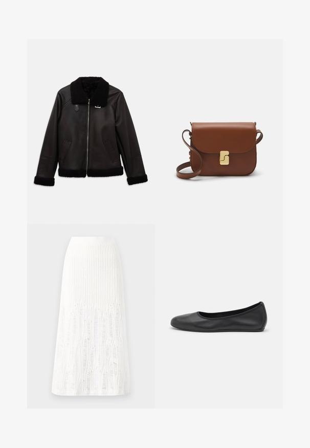 Black leather jacket with a faux shearling collar and cuffs. Features a front zipper and side pockets. Smooth texture with minimalist design.; White short-sleeve t-shirt made of ribbed fabric. Round neckline, regular fit, and subtle stitching details. No patterns or graphics.; Knit white midi skirt featuring a textured pattern with vertical lines and cut-out details near the hem. Elastic waistband. Soft material.; Black leather ballet flat with a rounded toe, smooth texture, minimal stitching detail, and a flexible sole design.; Brown leather handbag with a flap closure, gold-tone hardware, a shoulder strap, and a smooth texture. Compact rectangular shape.