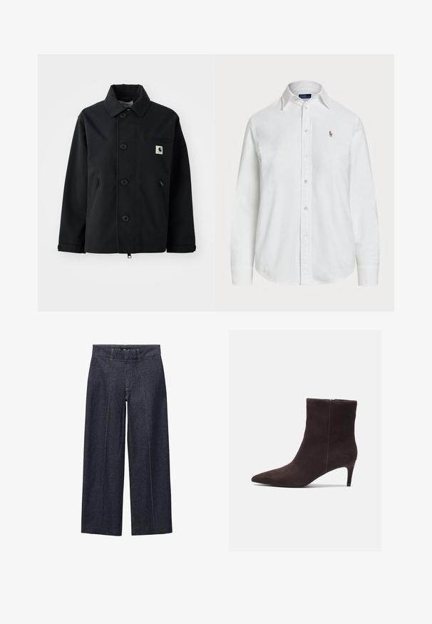 Sort jakke lavet af robust stof med lige skæring, der har knaplukning foran, sidelommer og en brystlomme med et logo-patch.; Hvid skjorte med knapper lavet af bomuld, med klassisk krave, lange ærmer og et lille broderet logo på brystet. Struktureret stof.; Mørkeblå denim brede bukser med forseam og standard talje. Har orange søm og cropped længde.; Brune ruskinds ankelstøvler med spids tå og 3-tommers hæl, der har en glat tekstur og et minimalistisk design. Lynlåslukning bagpå.