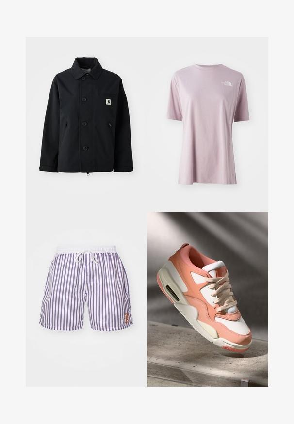 Black jacket made of sturdy fabric with a straight cut, featuring a button-up front, side pockets, and a chest pocket with a logo patch.; Light purple short-sleeve t-shirt made of soft fabric, featuring a white logo on the upper left chest and a relaxed fit design.; Men's swim shorts in white with vertical purple stripes, elastic waistband with drawstring, and small orange embroidered logo on the left side.; Sneaker with a soft pink and white upper, textured suede paneling, a padded collar, and a visible air unit in the heel. Cream-colored sole.