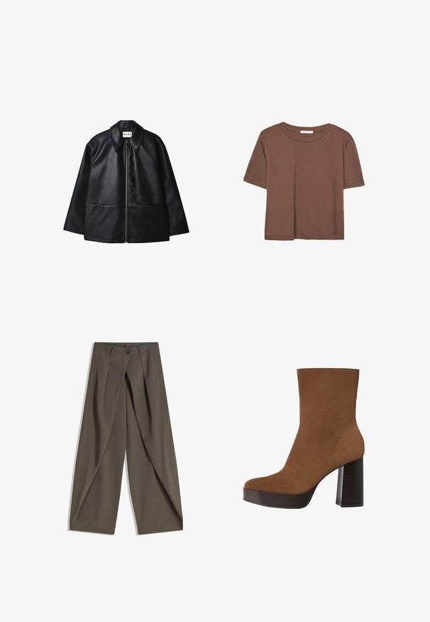 čierna kožená bunda so zipsom vpredu, veľkým golierom a dvoma prednými vreckami. Má hladkú textúru a pevný dizajn.; Hnedé tričko s krátkym rukávom vyrobené z jemného materiálu, s okrúhlym výstrihom a voľným strihom. Žiadne viditeľné vzory ani akcenty.; Široké nohavice vyrobené z textúrovaného tmavošedého materiálu. Majú predný záhyb, zapínanie na gombík a bočné vrecká pre praktickosť.; Hnedé z semišu členkové topánky s okrúhlou špičkou, robustným čiernym pruhovaným podpätkom a hladkým povrchom. Vyhotovenie je prispôsobené bez viditeľných kovových prvkov.