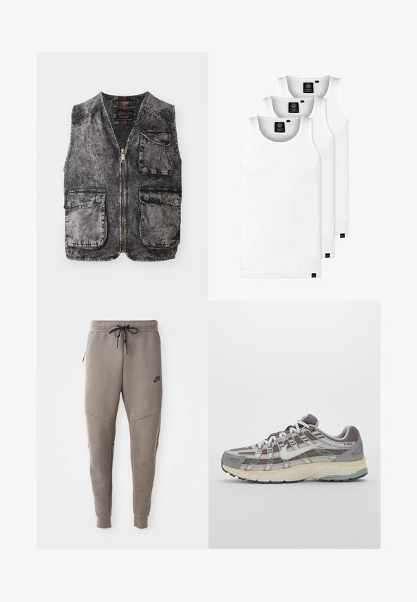 Denimová vesta ve vybledlé černé barvě, s zipem, pěti kapsami a bez rukávů. Texturovaná látka s viditelným švem.; Tři bílé žebrované tílka vyrobené z bavlny. Mají kulatý výstřih a malé černé štítky poblíž lemu. Dostupné v několika velikostech.; Šedé Nike tepláky s elastickým pasem na šňůrku, zúženými nohavicemi, bočními kapsami a charakteristickým švem. Měkká, strukturovaná tkanina.; Šedá sportovní obuv s vrchní částí z mikrovlákna a semiše, bílými akcenty, polstrovanou podrážkou a jedinečným designem s reflexními prvky.