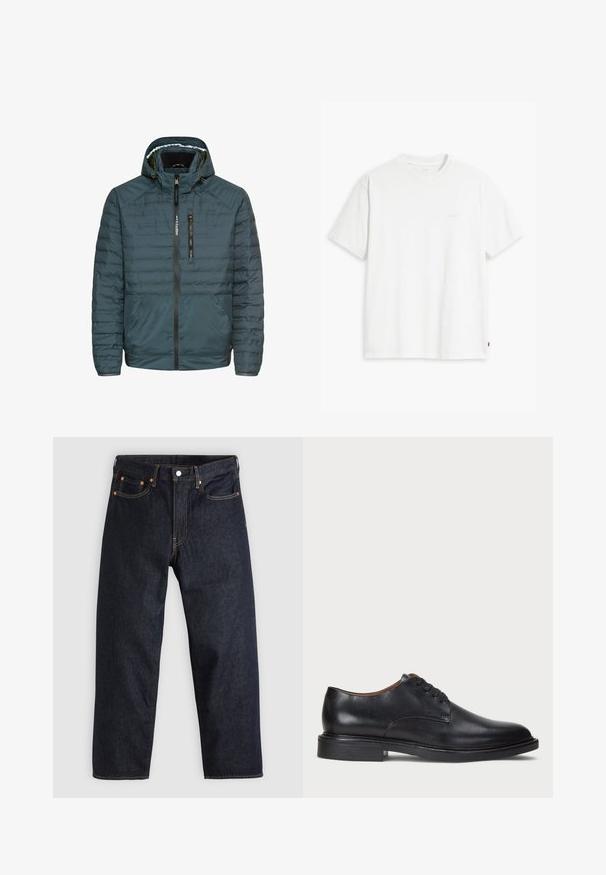 Gewatteerde jas in donkerteal, met capuchon, ritsluiting aan de voorkant, ritsborstzak en elastische manchetten. Glad, getextureerd materiaal.; Wit katoenen T-shirt met korte mouwen, ronde hals en een subtiel "Levi's" logo in een lichte kleur op de voorkant gedrukt.; Donkerblauwe denim jeans met een rechte snit, vijf zakken, contrasterende oranje stiksels en een knoopsluiting. Geen zichtbare patronen of versieringen.; Zwart leren dresschoen met een ronde neus, vetersluiting en een lage gestapelde hak. Gladde textuur met minimale stiksels.