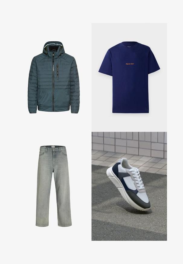 Gewatteerde jas in donkerteal, met capuchon, ritsluiting aan de voorkant, ritsborstzak en elastische manchetten. Glad, getextureerd materiaal.; Donkerblauwe katoenen t-shirt met korte mouwen. Bevat een klein, oranje geborduurd logo op de borst. Klassiek ronde hals ontwerp.; Lichtgrijze, loszittende spijkerbroeken van denim. Beschikt over een klassiek vijf-pocket ontwerp, riemlussen en een rechte pijp silhoët.; Witte, marineblauwe en grijze sneaker met een gemengde materiaald ontwerp, met een gestructureerde bovenkant, platte veters en een gevoerde zool.