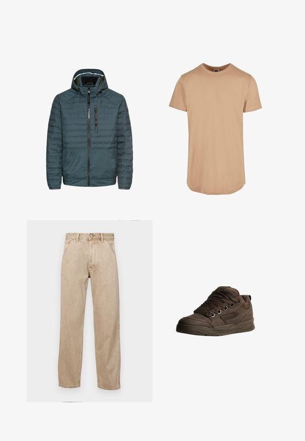 Polstret jakke i mørk teal, med hætte, frontlynlås, lynlås brystlomme og elastiske manchetter. Glat, tekstureret stof.; Beige kortærmet t-shirt med rund halsudskæring, lige kant og blødt bomuldsstof. Simpelt, umarkeret design uden mønstre.; Beige denimjeans med lige bendesign, med forlommer, metalknaplukning og subtil struktur.; Brune sportsko lavet af glat syntetisk materiale. Har tykke snørebånd, mesh-detaljer, polstret krave og struktureret gummisål.