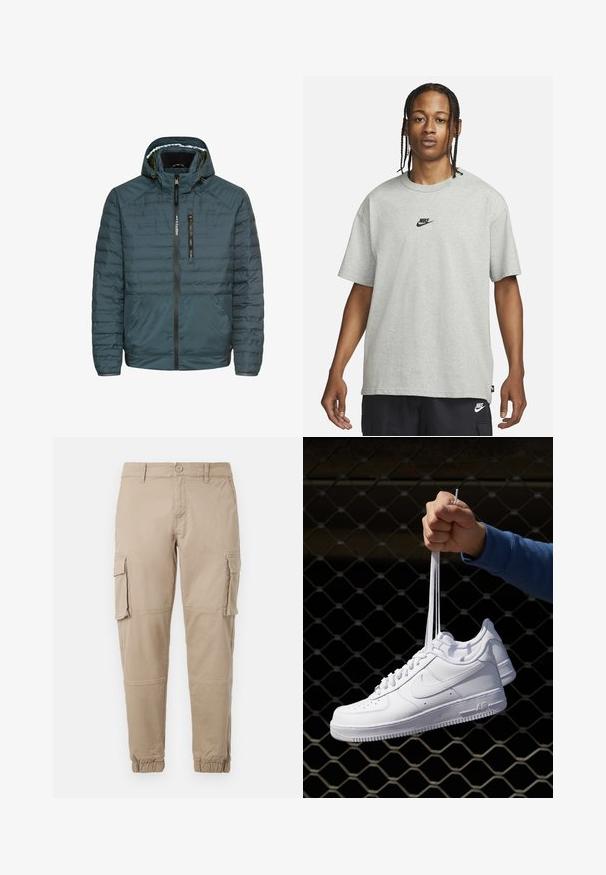 Gewatteerde jas in donkerteal, met capuchon, ritsluiting aan de voorkant, ritsborstzak en elastische manchetten. Glad, getextureerd materiaal.; Jong persoon met gevlochten haar, gekleed in een lichtgrijs Nike T-shirt en zwarte Nike shorts tegen een effen witte achtergrond.; Beige cargobroek van lichtgewicht katoenen materiaal. Kenmerkend zijn de elastische boorden, meerdere zijzakken en een knoopsluiting.; Witte leren sneakers met perforaties, ronde neus, vlakke zool en dikke veters, met een zichtbare swoosh-logo en "AIR" op de hiel.