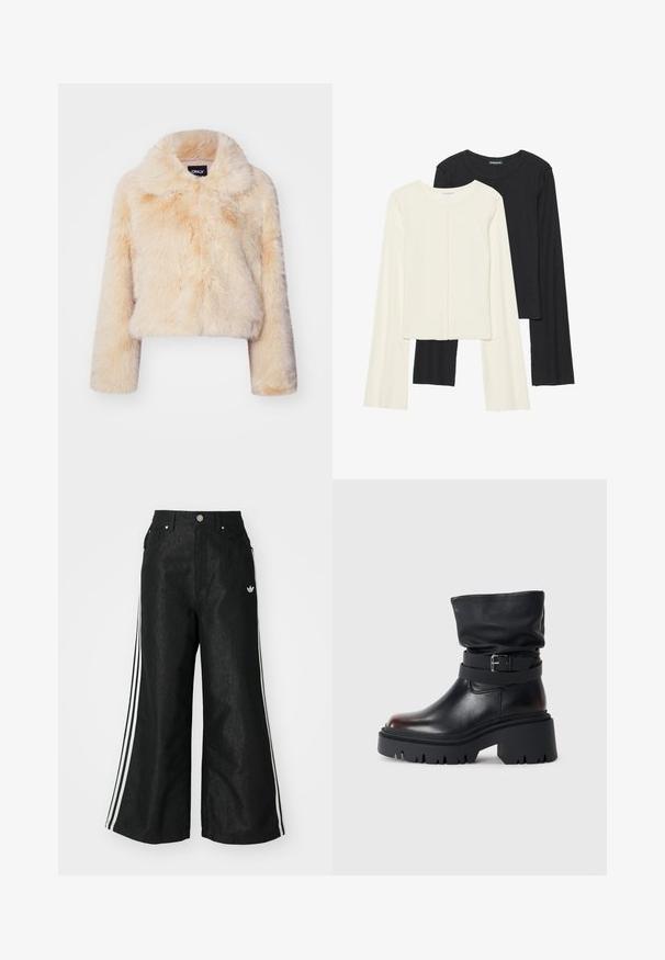 Syntetická kožuchová skrátená bunda vo svetlej béžovej farbe, so širokým golierom a dlhými rukávmi, s jemnou, nadýchanou textúrou a bez viditeľných uzáverov.; Súprava dvoch dlhých rukávov v bielej a čiernej farbe. Žebrovaná textúra, okrúhly výstrih, priliehavý strih s mierne rozšírenými rukávmi.; Čierne džínsy s širokým strihom, s tromi bielymi pruhmi po stranách a malým bielym logom. Obsahujú predné vrecká a zapínanie na gombík.; Čierne kožené členkové čižmy s voľnou hornou časťou, detailom s prackou a hrubou, robustnou podrážkou. Majú okrúhlu špičku a hladkú textúru.