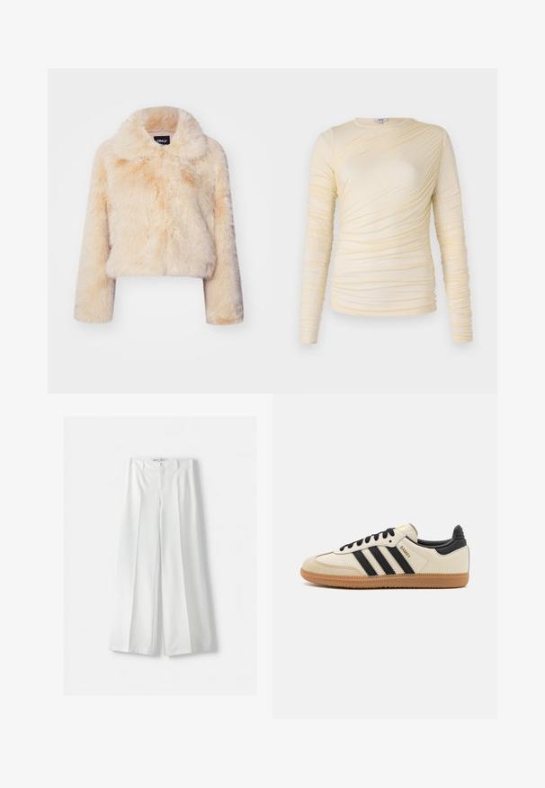 Veste courte en fausse fourrure couleur beige clair, dotée d'un large col et de manches longues, avec une texture douce et duveteuse et sans fermetures visibles.; Haut à manches longues crème, avec une texture froncée et une silhouette légèrement ajustée. Tissu doux avec un col rond et des coutures lisses.; Bershka WIDE-LEG TAILORED - Pantalon classique - white; Baskets de sport beiges avec des rayures noires, semelle en caoutchouc gomme et accents noirs. Elles présentent un dessus en cuir lisse et un design de bout arrondi.