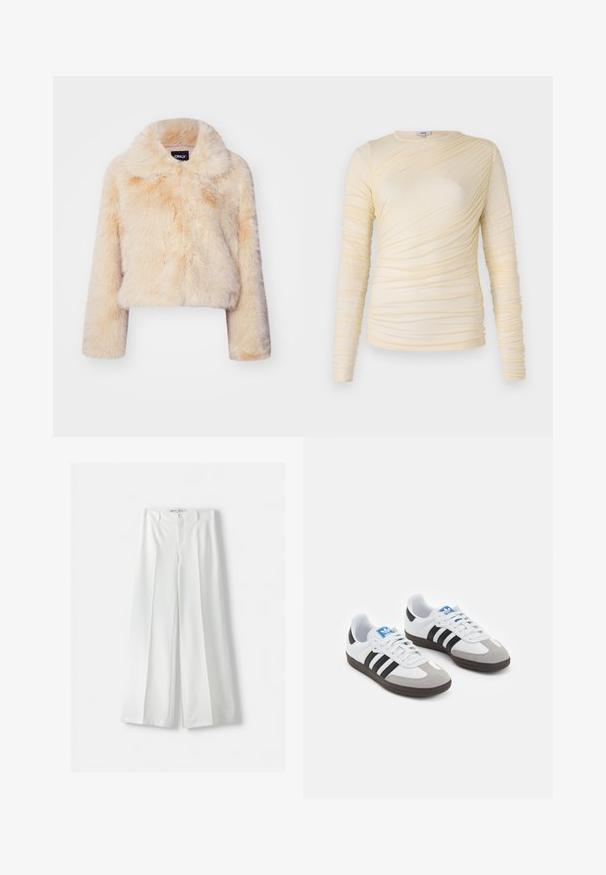 Faux fur cropped jacket in light beige, featuring a wide collar and long sleeves, with a soft, fluffy texture and no visible closures.; Cream long-sleeve top, features ruched texture with a slightly fitted silhouette. Soft fabric with a round neckline and smooth seams.; Bershka WIDE-LEG TAILORED - Trousers - white; Sport shoes with a white leather upper, gray suede toe, and three black stripes. Features a blue logo on the tongue and a textured rubber sole.