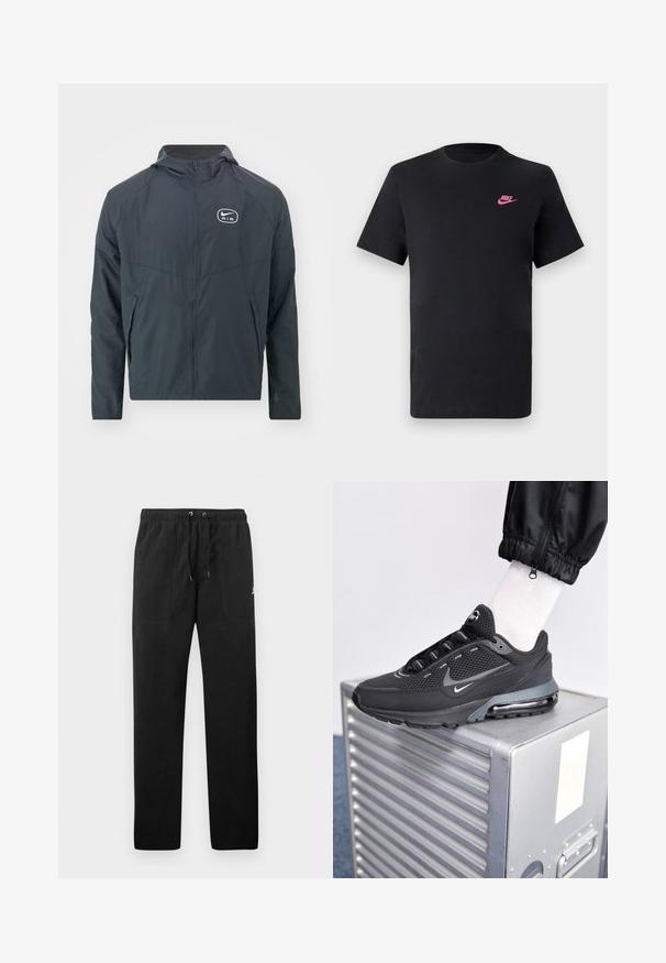 Nike Sportswear AIR - Outdoorjas - black; Zwarte katoenen T-shirt met een ronde halslijn en korte mouwen. Bevat een roze Nike-logo aan de bovenkant aan de linkerzijde. Glad textuur.; Zwarte sweatpants van fleece, met een elastische tailleband met trekkoorden, twee voorzakken en een klein logo op de dij.; Nike Sportswear PULSE - Sneakers laag - black/anthracite