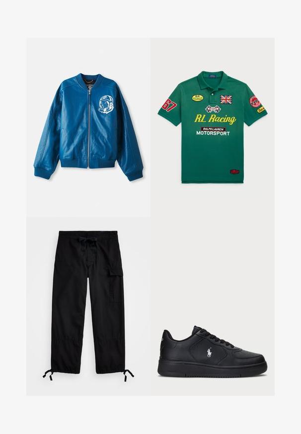 Mėlynas odinis bomber tipo švarkas su guma apkrautu apykakle, švarkelio rankovėse yra tinkliniai akcentai, o krūtinėje - baltas astronauto piešinys. Uždarymas užtrauktuku.; Žalias polo marškinėliai, pagaminti iš medvilnės, su raudonais ir geltonais siuvinėtų emblema, įskaitant Britanijos vėliavą ir tekstą "RL Racing" priekyje.; Juodos krovinių kelnės su elastingu juosmeniu ir raišteliu. Yra šoninės kišenės ir reguliuojamos galinės kelnių apačios su užtrauktukais. Pagamintos iš lengvos medžiagos.; Juodi odiniai sportbačiai su perforuotu dizainu, plokščia raištelių uždanga ir balta išsiuvinėta logo šone. Storais juodais gumos padais.