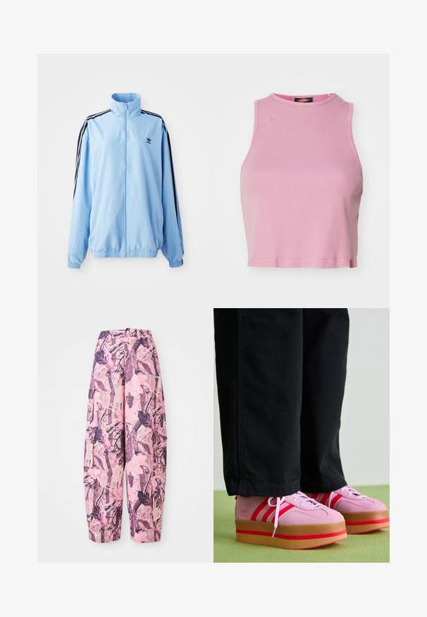Jaqueta azul clara em nylon, com colarinho alto, riscas pretas nas laterais, punhos elásticos e um pequeno logotipo preto no peito.; Top crop pérola com textura canelada, decote redondo e design sem mangas. Apresenta uma barra que termina um pouco acima da cintura.; As calças largas em tons de rosa e roxo apresentam um padrão de folhas e ramos, com uma cintura alta e bolsos laterais para maior funcionalidade.; Sapatilhas plataformas em camurça rosa com detalhes em vermelho e três riscas, com uma sola espessa de borracha transparente, combinadas com calças pretas.