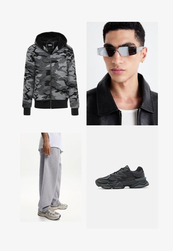 Huvtröja med dragkedja i grå camouflagemönster. Tyget har en mjuk yta med ett svart fleecefoder och ribbade ärmslut.; Svart hoodie med känguruficka, dragsko på huvan och korta ärmar med förlängda designinslag. Tillverkad av mjukt, texturerat tyg.; Svart kortärmad T-shirt i bomull med rund halsringning och avslappnad passform. Slät textur med minimala sömnadsdetaljer.; Grå sweatshirtbyxor i mjukt material, med en avslappnad passform och elastisk midja. Matchas med beige och grå träningsskor.; Svart löparsko med en kombination av mesh och syntetiska material, kraftig sula, rundad design och framträdande varumärkning på sidan.; Vinklade gråtonade solglasögon med silverdetaljer, på en ljus bakgrund. Linserna har en unik geometrisk form.