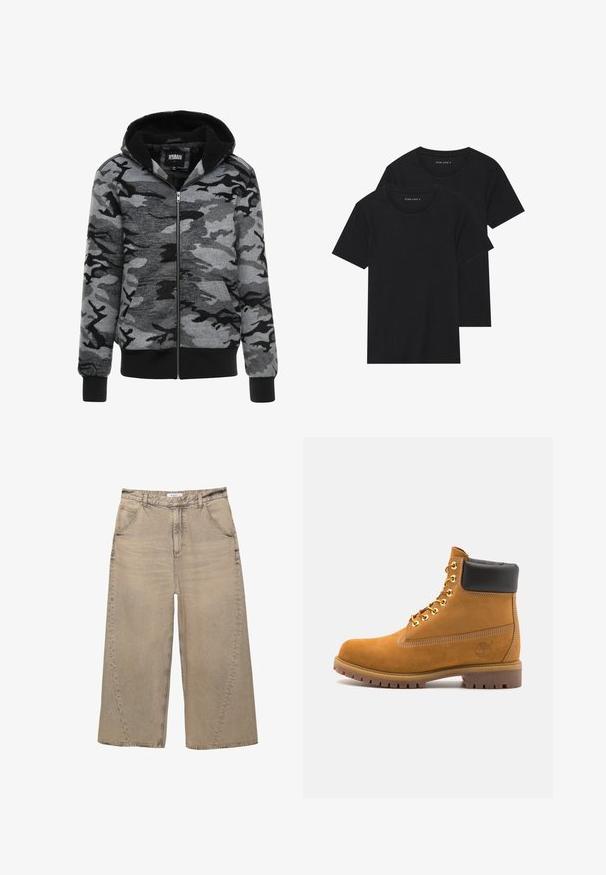 Hanorac cu fermoar, cu glugă, în model de camuflaj gri. Materialul are o textură moale, cu un interior căptușit cu fleece negru și manșete ribbate.; Două tricouri negre din bumbac cu mâneci scurte, cu guler rotund și o textură netedă, expuse suprapuse.; PULL&BEAR MEGA BAGGY - Blugi largi - light grey; Cizmă de gleznă din întoarsă de culoare bej, cu guler negru căptușit, ochiuri din metal auriu, detalii de cusătură albă și talpă din cauciuc robustă, cu un model pronunțat.