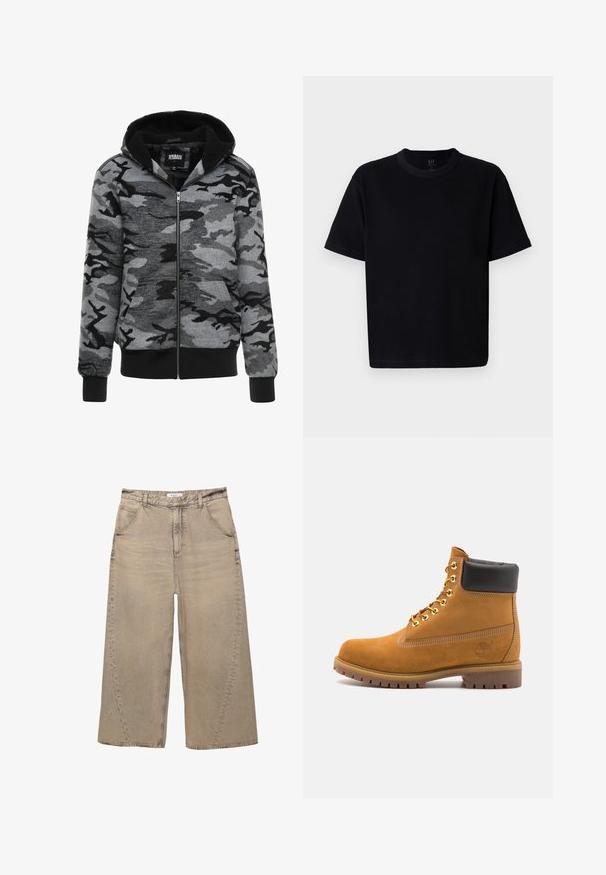 Hanorac cu fermoar, cu glugă, în model de camuflaj gri. Materialul are o textură moale, cu un interior căptușit cu fleece negru și manșete ribbate.; T-Shirt negru din bumbac, cu guler rotund, mâneci scurte și croială dreaptă. Prezintă cusături minime și o textura moale, netedă.; PULL&BEAR MEGA BAGGY - Blugi largi - light grey; Cizmă de gleznă din întoarsă de culoare bej, cu guler negru căptușit, ochiuri din metal auriu, detalii de cusătură albă și talpă din cauciuc robustă, cu un model pronunțat.
