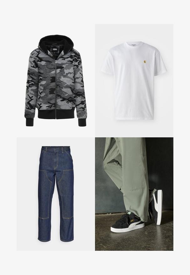 Huvtröja med dragkedja i grå camouflagemönster. Tyget har en mjuk yta med ett svart fleecefoder och ribbade ärmslut.; Vit bomullströja med korta ärmar, rund halsringning, med en liten guldlogotyp på vänster bröstområde. Mjuk textur och vanlig passform.; Mörkblå denimjeans med hög midja, rak bendesign, kontrasterande sömmar och fickor på framsidan.; Svarta mockaskor med vita gummisulor och sidoväggar, kombinerade med ljusgröna cargobyxor, stående på en texturerad mörk yta.