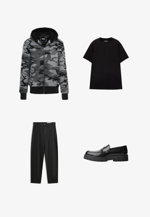 Siva dukserica s kapuljačom sa zatvaranjem na zip u kamuflažnom uzorku. Tkanina ima mekanu teksturu s crnim krznom unutra i rebrastim manžetama.; PULL&BEAR JOIN LIFE - Osnovna majica kratkih rukava - black; Crne pamučne hlače s opuštenim krojem, s klasičnim pojasom, prednjim nabranjima i bočnim džepovima. Glatka tekstura bez uzoraka.; Crna kožna mokasina s debelim potplatima i dekorativnom trakom preko gornjeg dijela, prikazana u lijevom bočnom profilu na bijeloj pozadini.