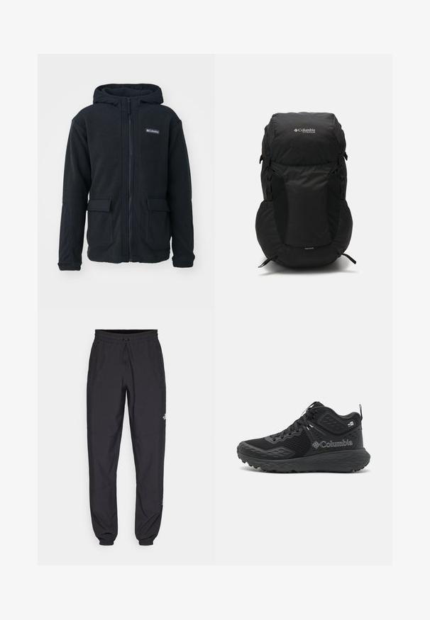 Columbia LANDROAMER™ FLEECE - Fleecetakki - black; Mustapaita lyhyillä hihoilla, joka on valmistettu kevyestä kankaasta. Siinä on pieni valkoinen logo vasemmassa rinnassa ja huomaamattomia olkakoristeita.; Mustat urheiluhousut, jotka on valmistettu kevyestä kankaasta. Housuissa on naru vyötäröllä, sivutaskut ja kapenevat hihnat nilkoissa.; Mustikkakengät mustasta väristä, joissa on verkkomainen yläosa, teksturoidut yksityiskohdat, pehmustettu pohja ja näyttävä logo. Varustettu tukevalla nauhajärjestelmällä ja vetoketjulla.; Musta reppu pyöreällä päällä, valmistettu kestävästä kankaasta. Mukana sivuverkko-taskut ja sadeviitta-etiketti alareunassa.