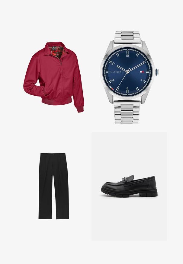 Piros cipzáras dzseki kockás béléssel. Gallérral, rugalmas mandzsettákkal és oldalzsebekkel rendelkezik. Simány, könnyű anyagból készült.; Nyolc darabból álló fekete pamut pólókészlet rövid ujjakkal és kerek nyakkal, sima kialakítással és puha felülettel.; Fekete nadrág egyenes szárú kialakítással, sima anyagból készült. Elöl redők és egy gombos záródás található a derékon.; Fekete bőr mokaszín, lekerekített orral, díszes pánttal és fém kiegészítővel, valamint vastag, texturált talppal. Simább felület, finom részletezéssel.; Ezüst színű fém óra kék, kefélt számlappal, fehér órijjelezőkkel és dátumkijelzővel. Fém, láncolt szíj és márkalogó jellemzi.
