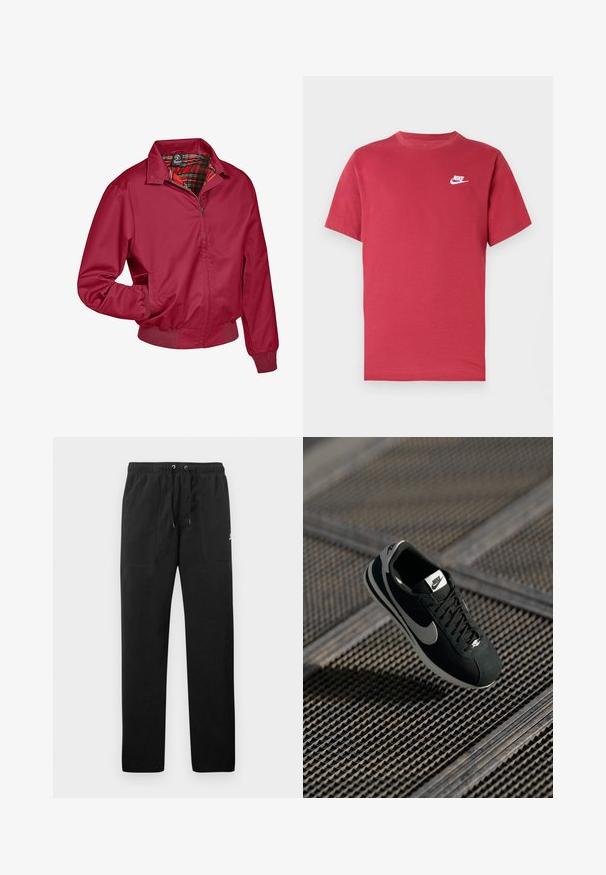 Sarkans zip-up džemperis ar šķietamu iekšpusi. Iekļauj apkakli, elastīgas piedurknes un sānu kabatas. Izgatavots no gluda, viegla auduma.; Sarkana Nike īsroku T-krekls ar baltu logotipu uz kreisās krūts, apaļu kakla izgriezumu un vienkāršu dizainu uz neitrālas fona.; Melnas sporta bikses, izgatavotas no flīsa, ar elastīgu jostasviedi un auklām, diviem priekšējiem kabatām un nelielu logo uz augšstilba.; Melna Nike sporta kurpe ar pelēkiem akcentiem, zamšādas un sieta materiāliem, teksturētu zoli, šauru formu un klasisku auklu aizdari.