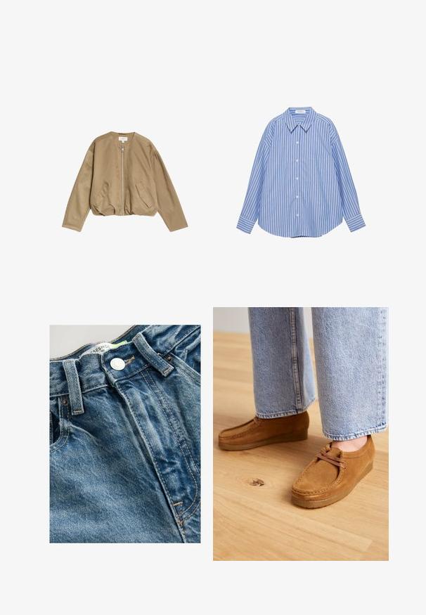 Tan bomberjack gemaakt van een gladde, lichte stof, met een rits aan de voorkant, twee zijzakken en een ronde halslijn met verzakte schouders.; Blauw en witte verticaal gestreepte langemouwen overhemd met knoopsluiting, puntige kraag en één borstzak.; Denim jeans hebben een lichtblauwe kleur met whiskering details. De tailleband heeft een metalen knoop en zichtbare stiksels langs de naden.; Bruine suède schoenen met een ronde neus en een tan rubberen zool, voorzien van een simpel vetersysteem, gecombineerd met lichtblauwe denim broek.