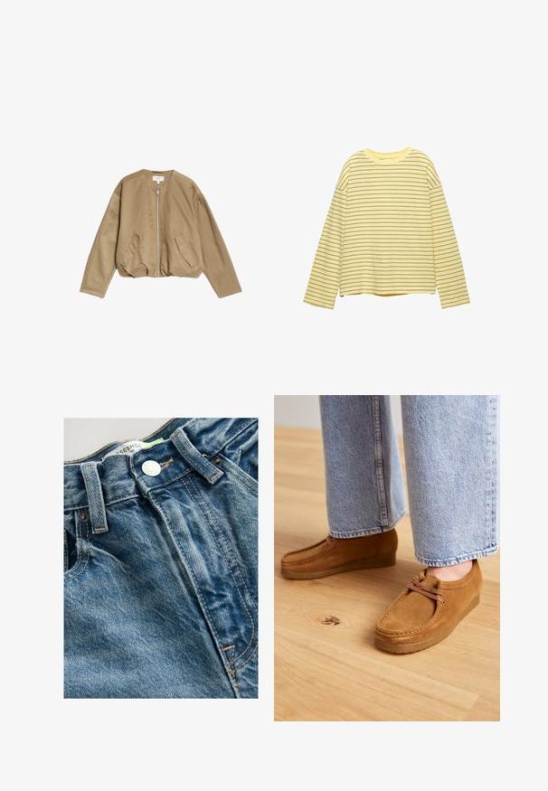 Tan bomberjack gemaakt van een gladde, lichte stof, met een rits aan de voorkant, twee zijzakken en een ronde halslijn met verzakte schouders.; Geel shirt met lange mouwen en horizontale donkergrijze strepen, ronde halslijn en een relaxte pasvorm. Gemaakt van zachte, lichte stof.; Denim jeans hebben een lichtblauwe kleur met whiskering details. De tailleband heeft een metalen knoop en zichtbare stiksels langs de naden.; Bruine suède schoenen met een ronde neus en een tan rubberen zool, voorzien van een simpel vetersysteem, gecombineerd met lichtblauwe denim broek.