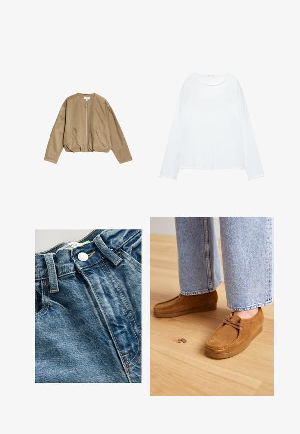 Tansfarbene Bomberjacke aus glattem, leichtem Material, mit einem frontalen Reißverschluss, zwei Seitentaschen und einem runden Halsausschnitt mit überschnittenen Schultern.; Weißes Langarmoberteil aus glattem Stoff. Mit rundem Ausschnitt, überschnittenen Schultern und lockerem Schnitt mit leicht geschwungener Saumlinie.; Die Jeans aus Denim haben eine hellblaue Farbe mit Ausbleichungseffekten. Der Bund verfügt über einen Metallknopf und sichtbare Nähte entlang der Nähte.; Braune Wildlederschuhe mit runder Spitze und beige Gummisohle, ausgestattet mit einem schlichten Schnürdesign, kombiniert mit hellblauen Jeans.