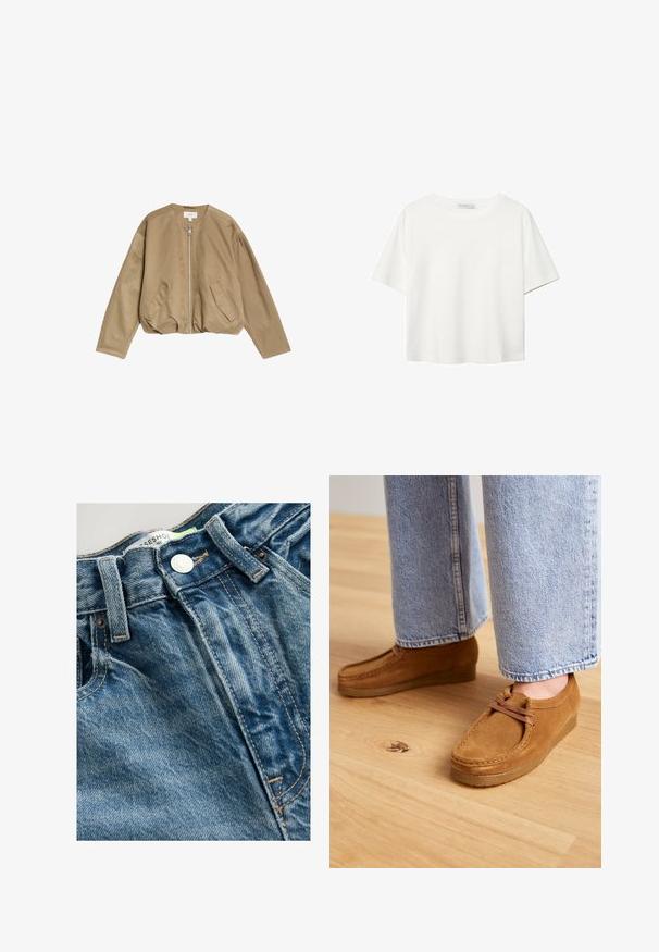 Beżowa kurtka bombowiec wykonana z gładkiego, lekkiego materiału, z przodem na zamek błyskawiczny, dwoma bocznymi kieszeniami oraz okrągłym dekoltem z opadającymi ramionami.; Biała koszulka z krótkim rękawem, wykonana z bawełny. Posiada okrągły dekolt i luźny krój. Gładka faktura bez widocznych wzorów czy akcentów.; Jeans wykonane z denimu mają jasnoniebieski kolor z detalami w postaci przetarć. Pas posiada metalowy guzik i widoczne szwy wzdłuż szwów.; Brązowe zamszowe buty z zaokrąglonym noskiem i beżową gumową podeszwą, z prostym wzorem sznurowania, w połączeniu z jasnoniebieskimi dżinsami.