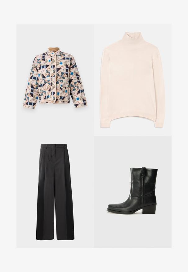 Quiltet jakke i beige med et patchworkmønster, der har blomster- og geometriske designs i marineblå, blå og creme. Inkluderer to forlommer.; Lyserød langærmet turtleneck sweater med ribbet krave og kant, med en afslappet pasform og blød, glat tekstur.; Sort brede bukser med høj talje, med folder foran, en glat tekstur og en skræddermæssig finish. Designet til en afslappet pasform.; Sort læder ankelstøvle med rundt tå, blokhæl, lynlås i siden og stikninger på vampsiden. Glat tekstur, klassisk design.