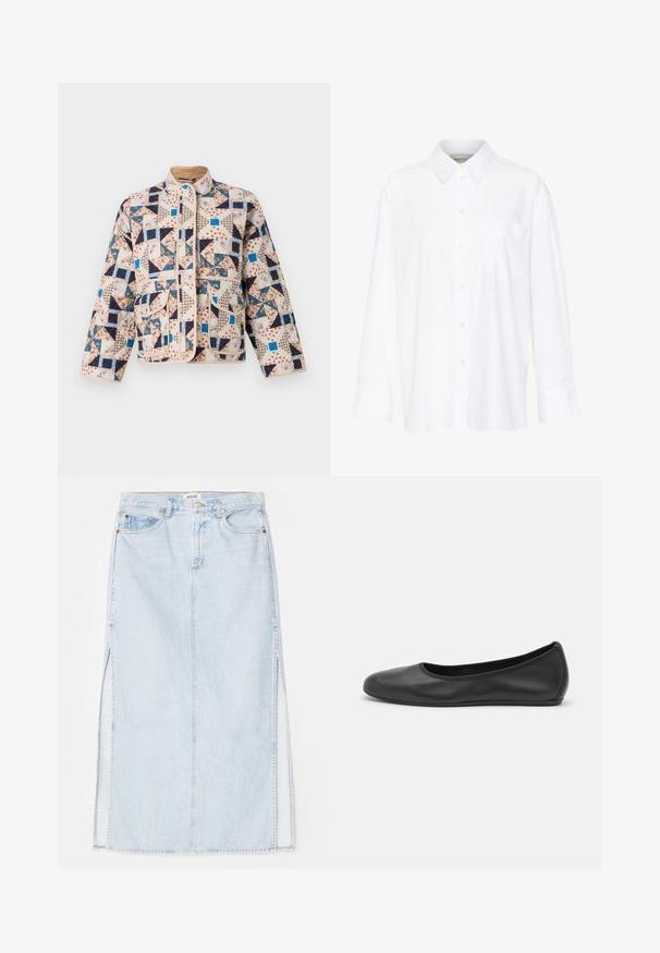 Quilted jacket in beige, featuring a patchwork pattern with floral and geometric designs in navy, blue, and cream. Includes two front pockets.; White long-sleeve collared shirt made of cotton. Features a button-down front and a single chest pocket. Smooth texture, relaxed fit.; Light blue denim maxi skirt with a straight cut, featuring side slits and five-pocket design. Prominent stitching and metal button closure.; Black leather ballet flat with a rounded toe, smooth texture, minimal stitching detail, and a flexible sole design.
